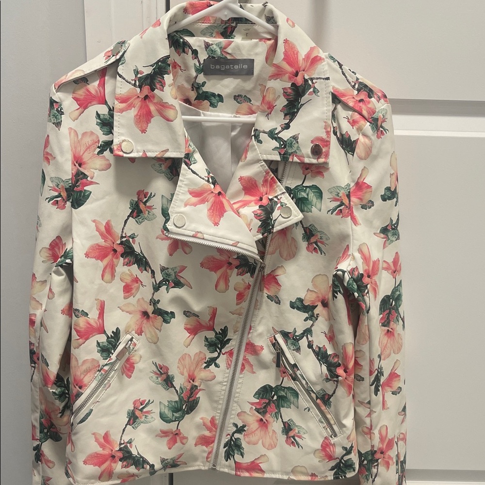 Bagatelle Women's Floral Leather Jacket - Cream and Pink